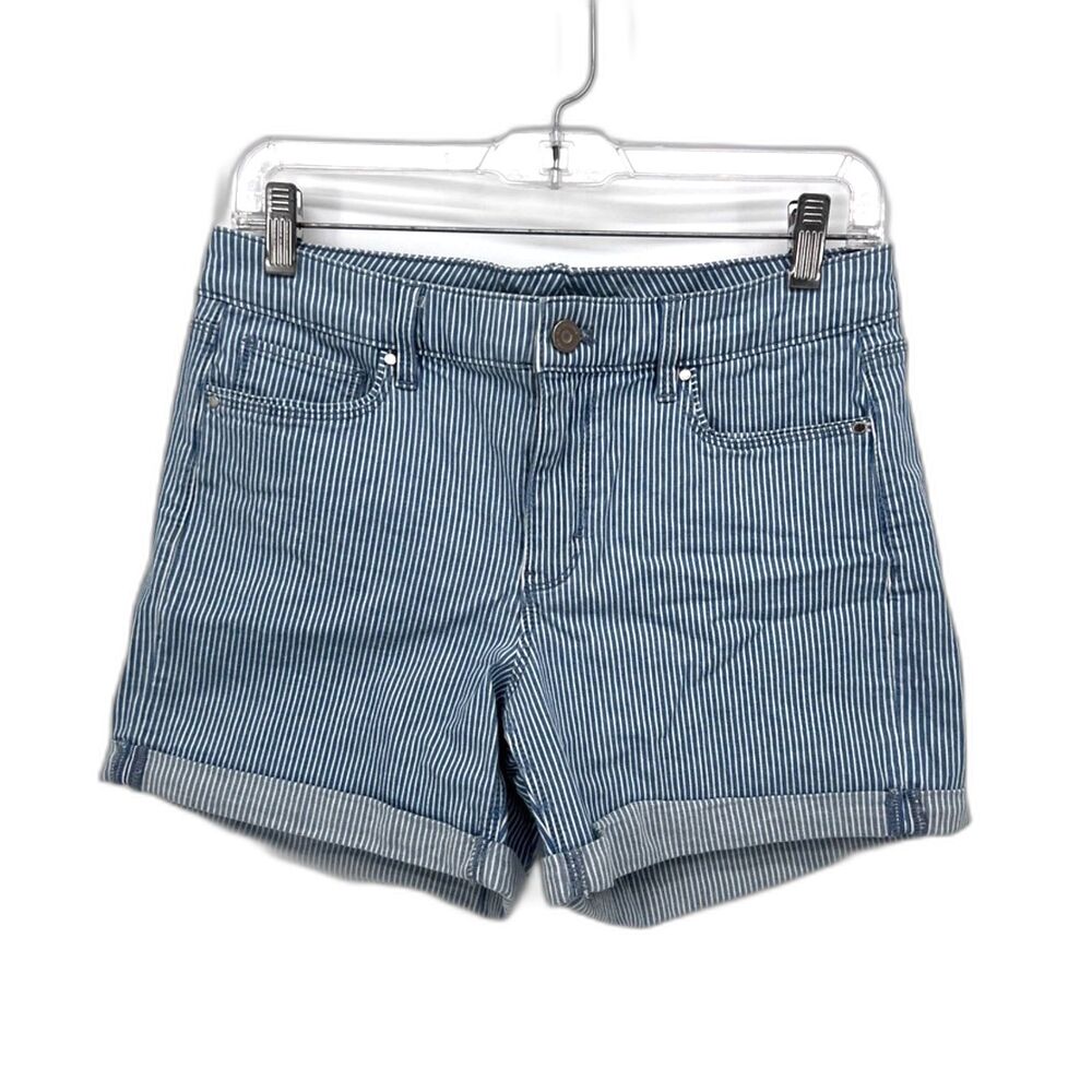WHBM Blue White Striped Denim Conductor Shorts Roll Cuff Coastal Classic Size 4
